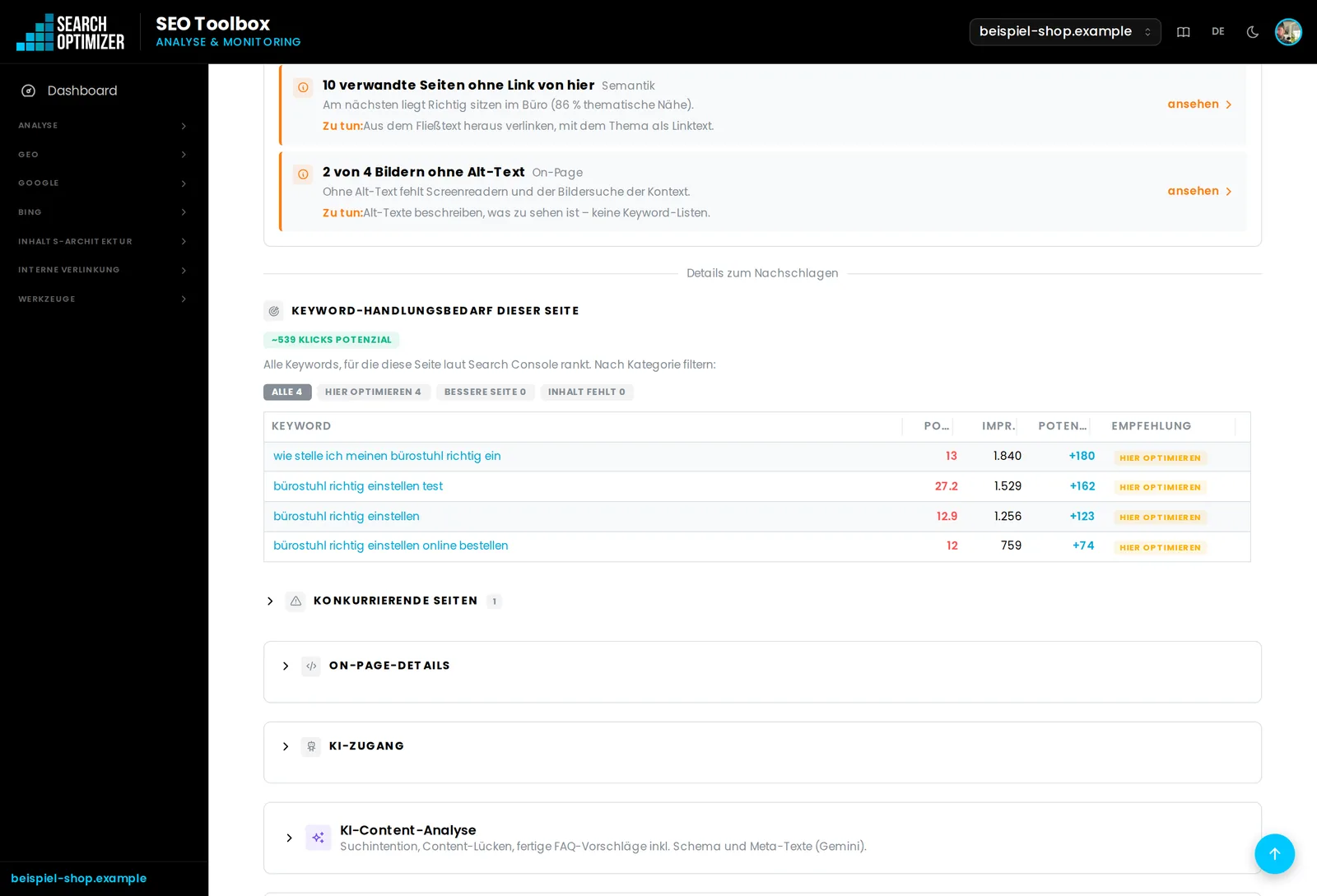 Empfehlungen je Seite – Ansicht aus der SEO-Toolbox